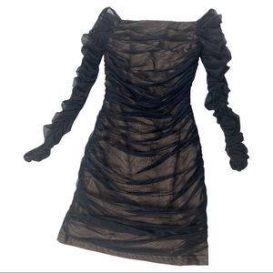 BEBE MESH RUCHED DRESS